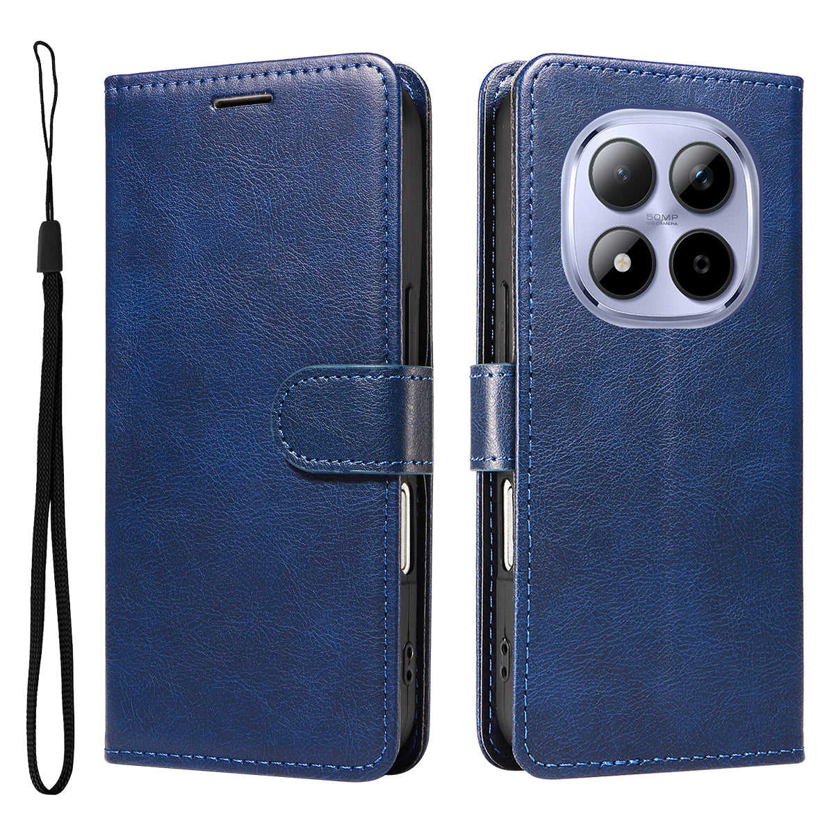 For Xiaomi Redmi Note 15 Pro 5G (Global) Leather Wallet Case with Strap Solid Color Phone Stand Cover - Blue