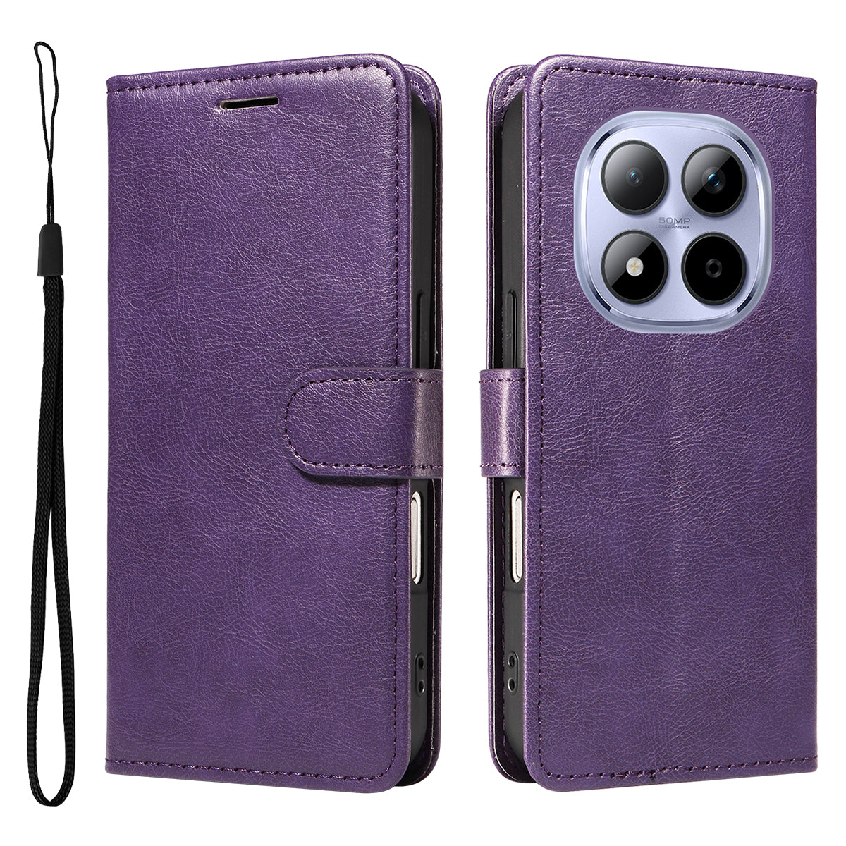 For Xiaomi Redmi Note 15 Pro 5G (Global) Leather Wallet Case with Strap Solid Color Phone Stand Cover - Purple