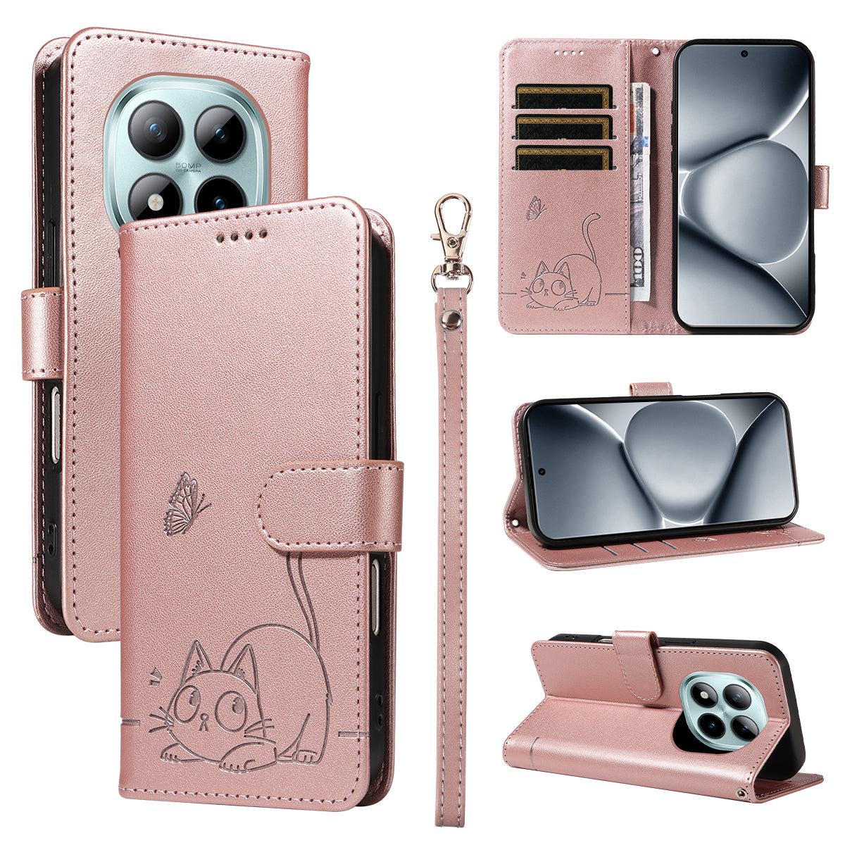 For Xiaomi Poco M8 Pro 5G / Redmi Note 15 Pro+ 5G (Global) Case Cat Pattern Imprint Leather Phone Cover with Wrist Strap - Rose Gold