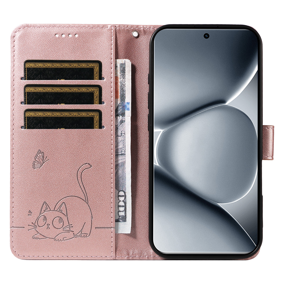 For Xiaomi Poco M8 Pro 5G / Redmi Note 15 Pro+ 5G (Global) Case Cat Pattern Imprint Leather Phone Cover with Wrist Strap - Rose Gold
