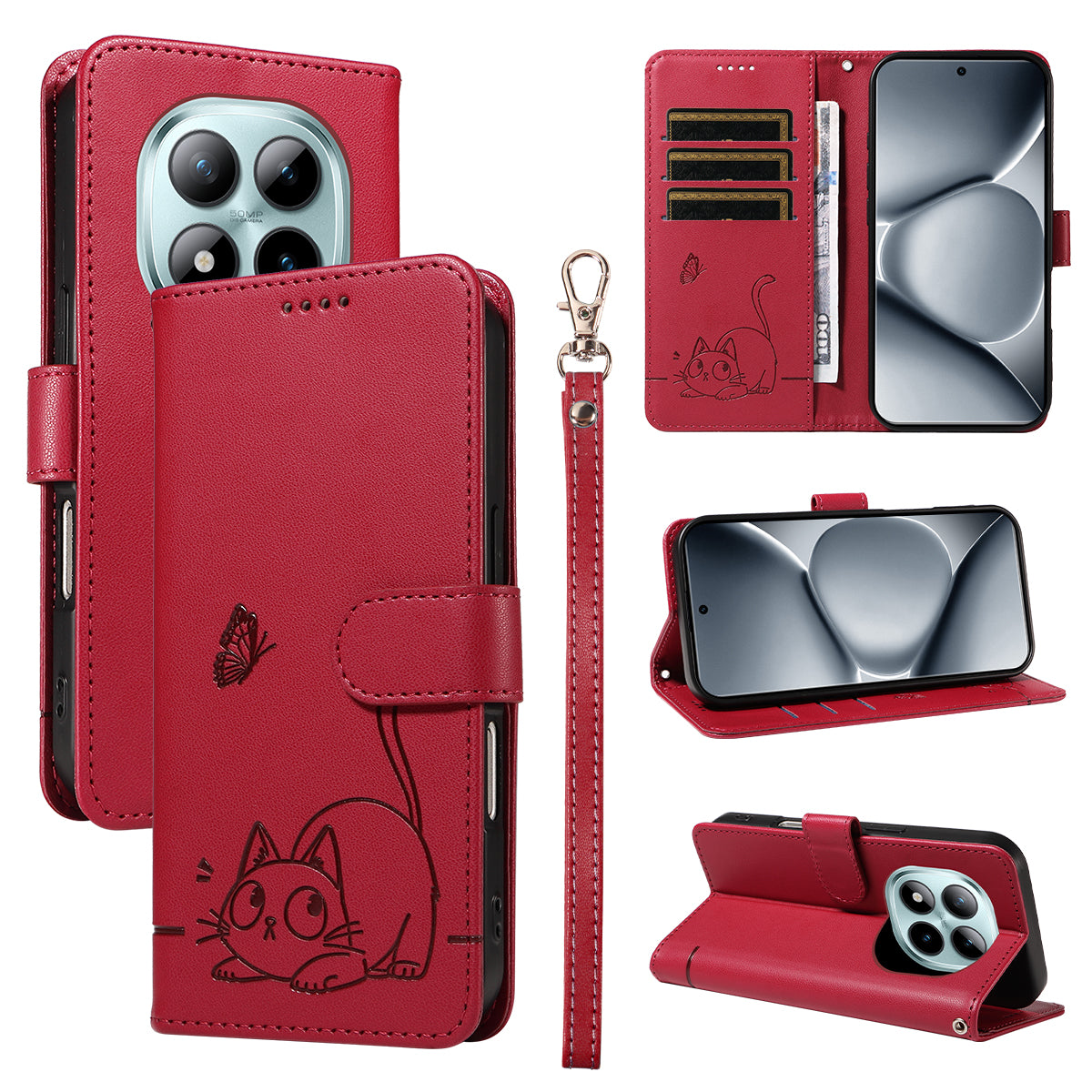 For Xiaomi Poco M8 Pro 5G / Redmi Note 15 Pro+ 5G (Global) Case Cat Pattern Imprint Leather Phone Cover with Wrist Strap - Red