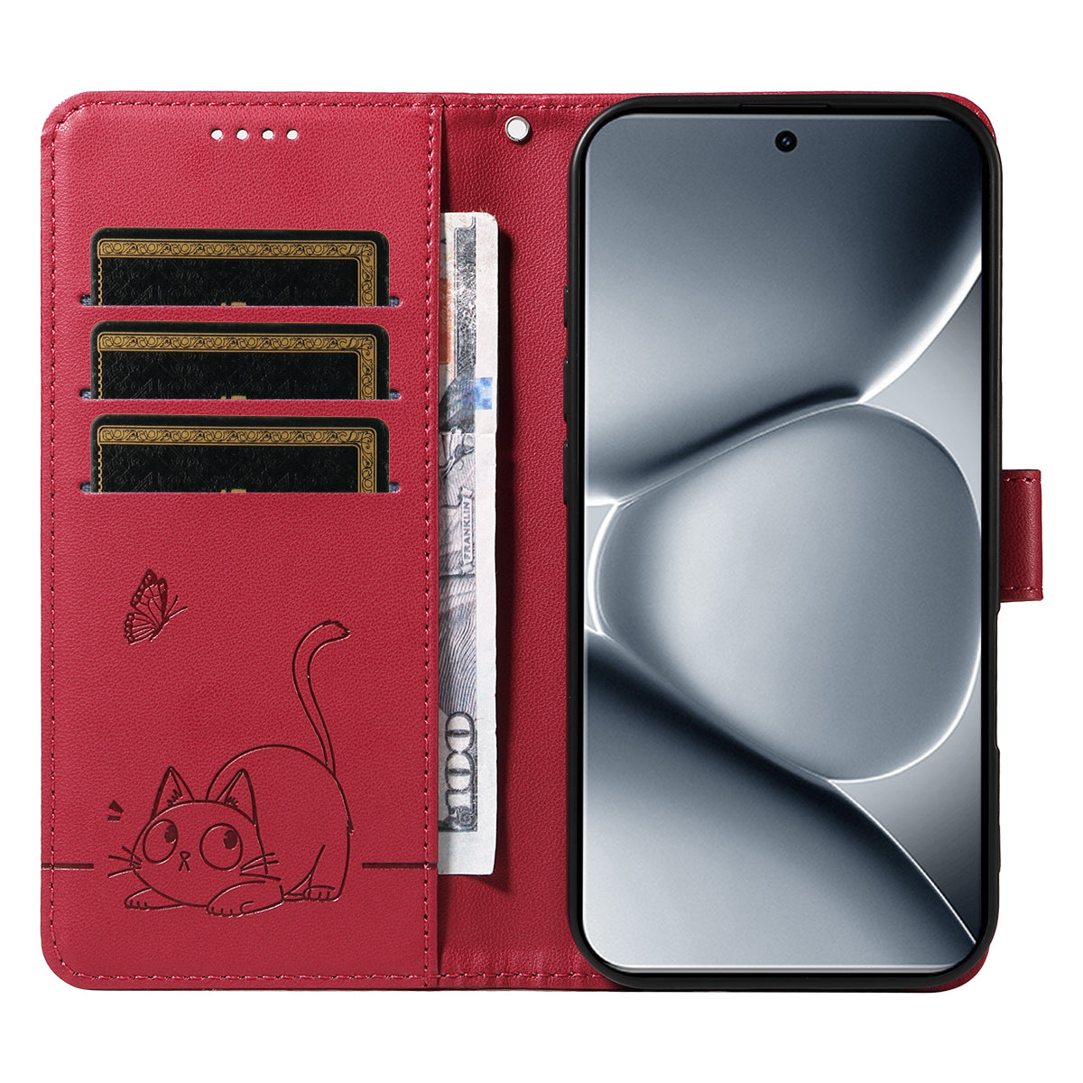 For Xiaomi Poco M8 Pro 5G / Redmi Note 15 Pro+ 5G (Global) Case Cat Pattern Imprint Leather Phone Cover with Wrist Strap - Red