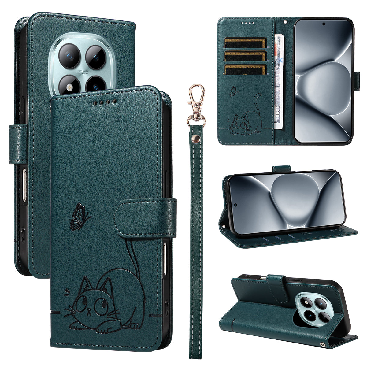 For Xiaomi Poco M8 Pro 5G / Redmi Note 15 Pro+ 5G (Global) Case Cat Pattern Imprint Leather Phone Cover with Wrist Strap - Blue