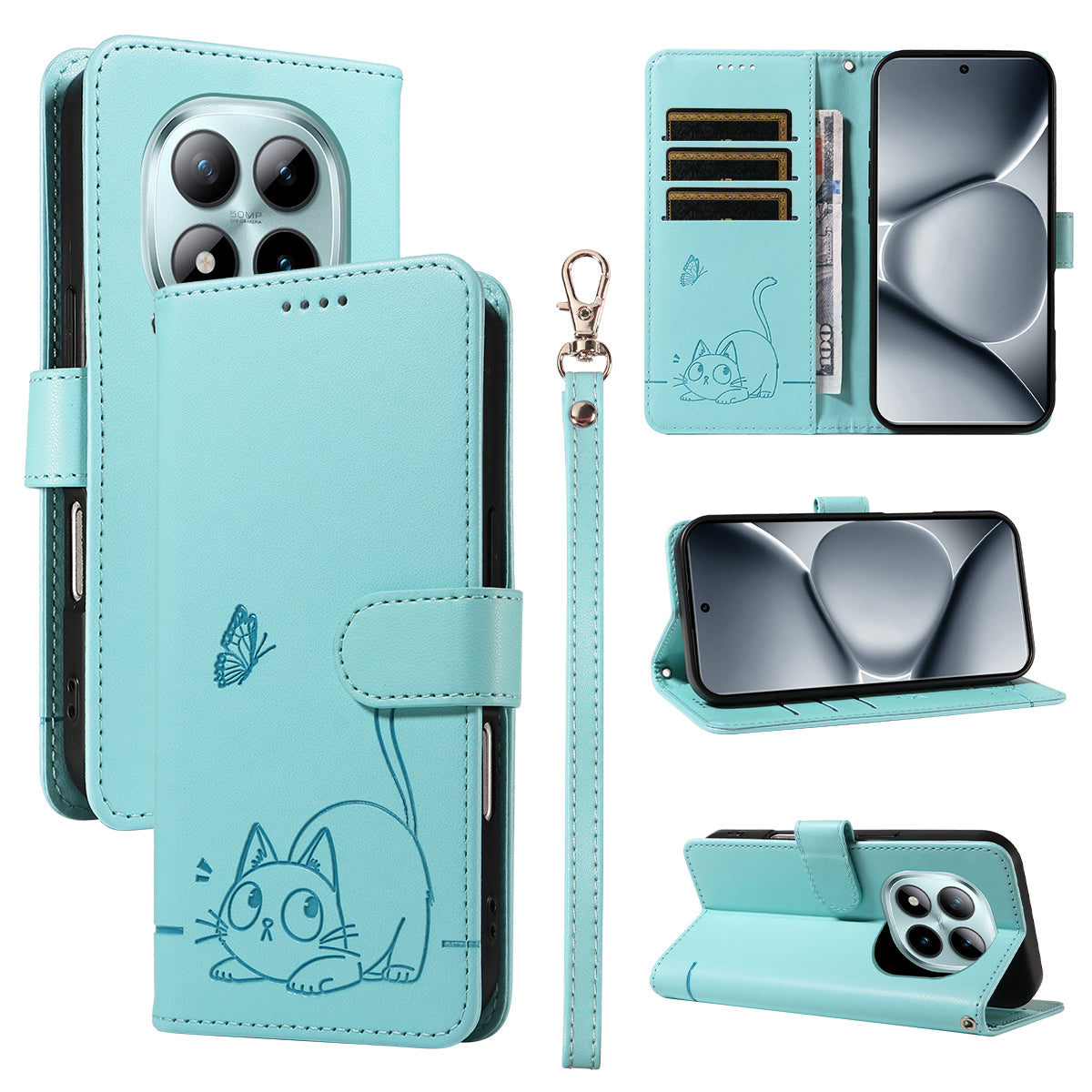 For Xiaomi Poco M8 Pro 5G / Redmi Note 15 Pro+ 5G (Global) Case Cat Pattern Imprint Leather Phone Cover with Wrist Strap - Green