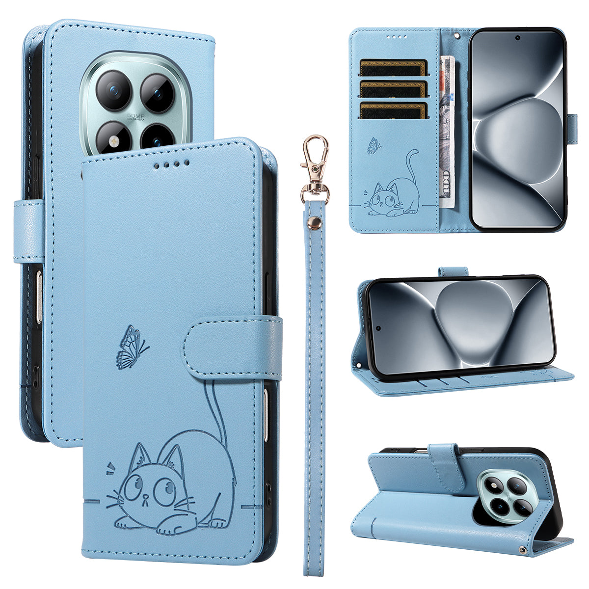 For Xiaomi Poco M8 Pro 5G / Redmi Note 15 Pro+ 5G (Global) Case Cat Pattern Imprint Leather Phone Cover with Wrist Strap - Sky Blue