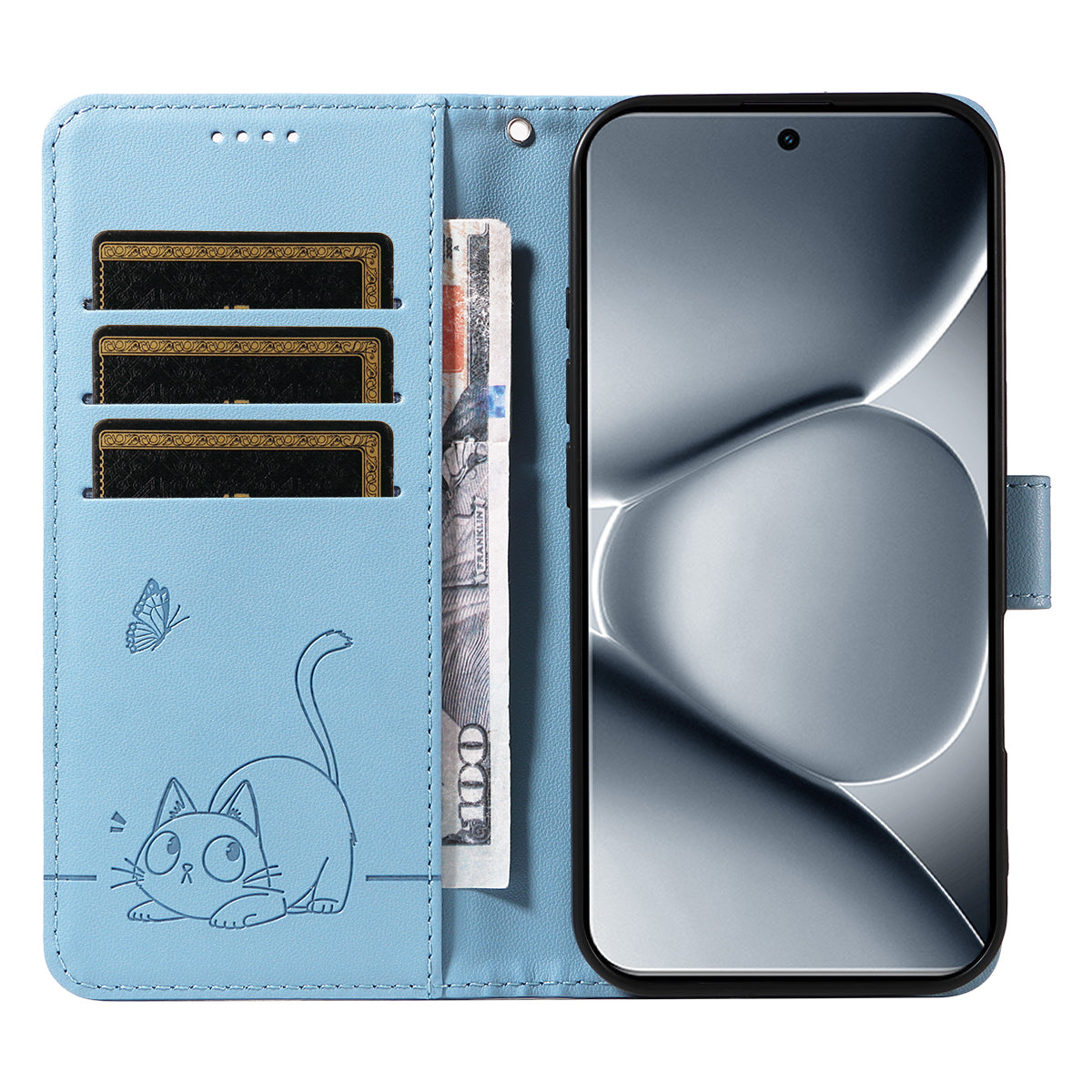 For Xiaomi Poco M8 Pro 5G / Redmi Note 15 Pro+ 5G (Global) Case Cat Pattern Imprint Leather Phone Cover with Wrist Strap - Sky Blue