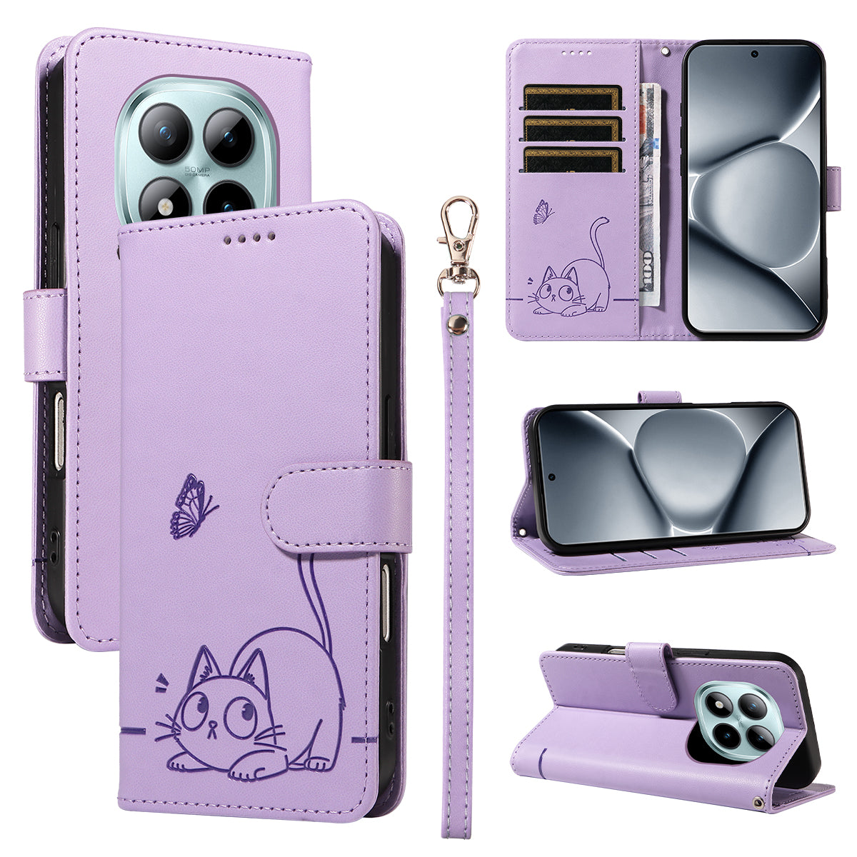 For Xiaomi Poco M8 Pro 5G / Redmi Note 15 Pro+ 5G (Global) Case Cat Pattern Imprint Leather Phone Cover with Wrist Strap - Purple