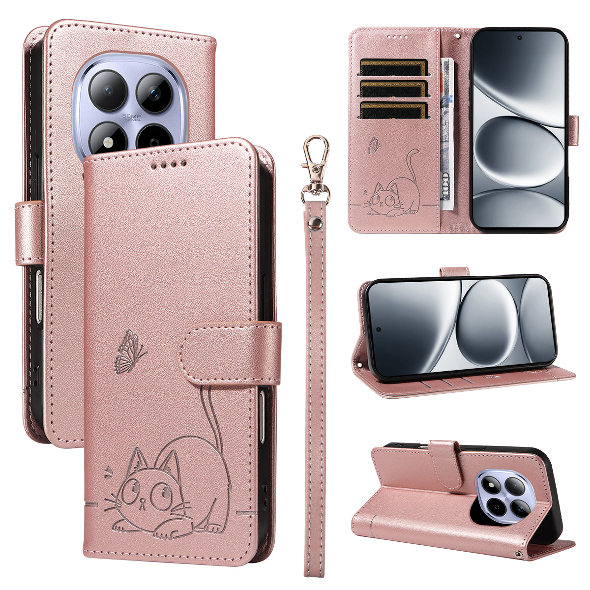 For Xiaomi Redmi Note 15 Pro 5G (Global) Case Cat Pattern Imprint Leather Phone Cover with Wrist Strap - Rose Gold