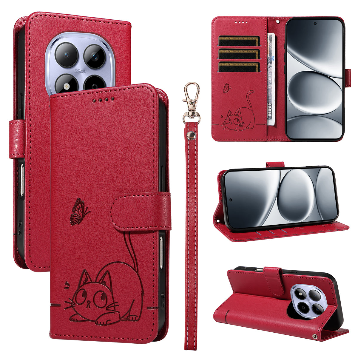 For Xiaomi Redmi Note 15 Pro 5G (Global) Case Cat Pattern Imprint Leather Phone Cover with Wrist Strap - Red