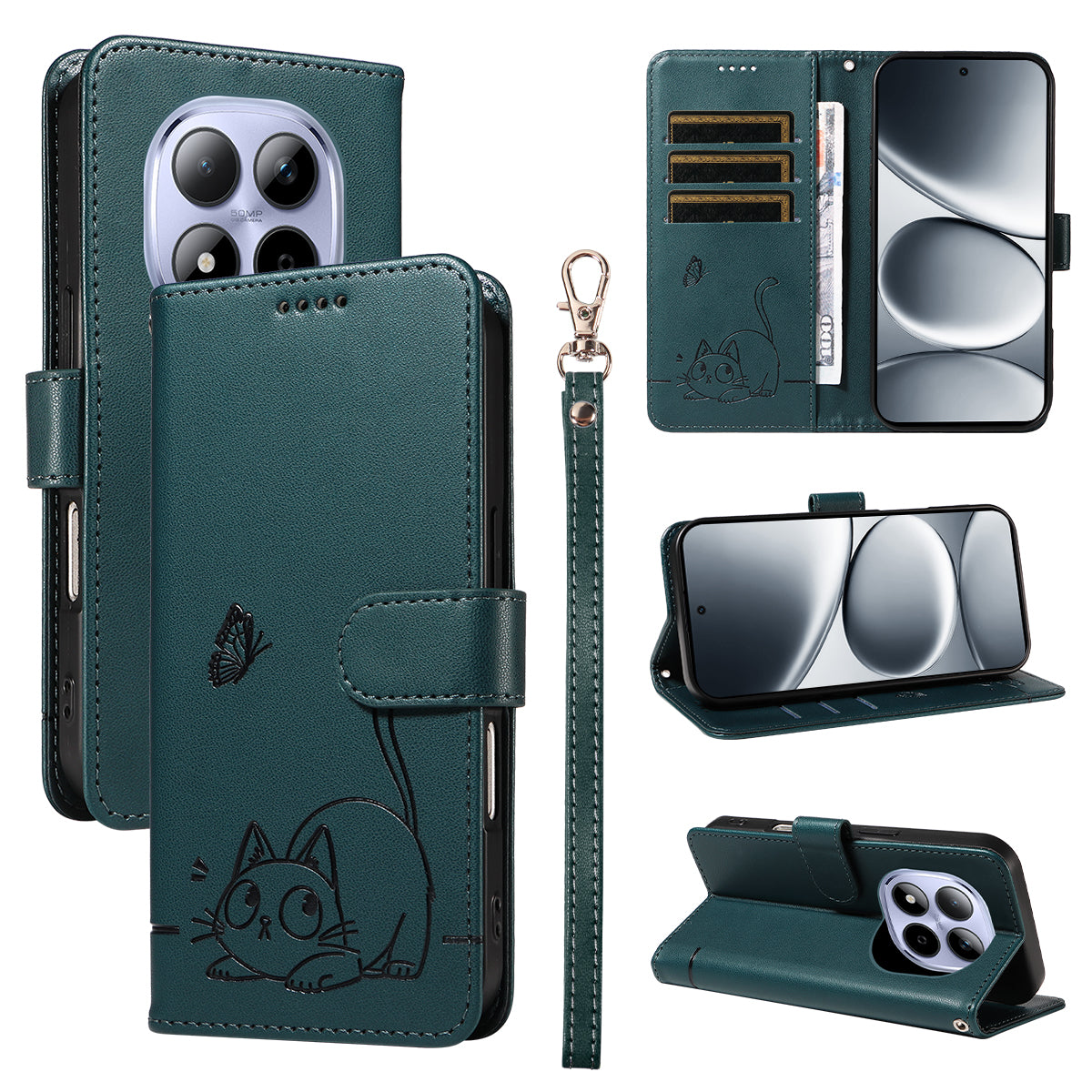 For Xiaomi Redmi Note 15 Pro 5G (Global) Case Cat Pattern Imprint Leather Phone Cover with Wrist Strap - Blue