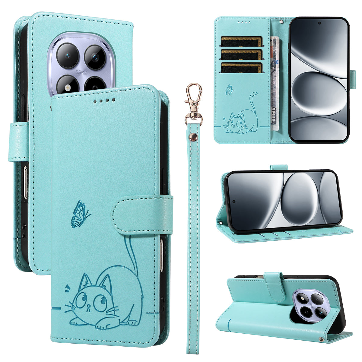For Xiaomi Redmi Note 15 Pro 5G (Global) Case Cat Pattern Imprint Leather Phone Cover with Wrist Strap - Green