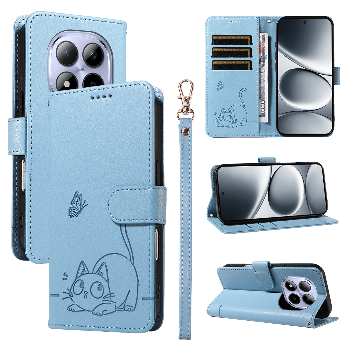 For Xiaomi Redmi Note 15 Pro 5G (Global) Case Cat Pattern Imprint Leather Phone Cover with Wrist Strap - Sky Blue