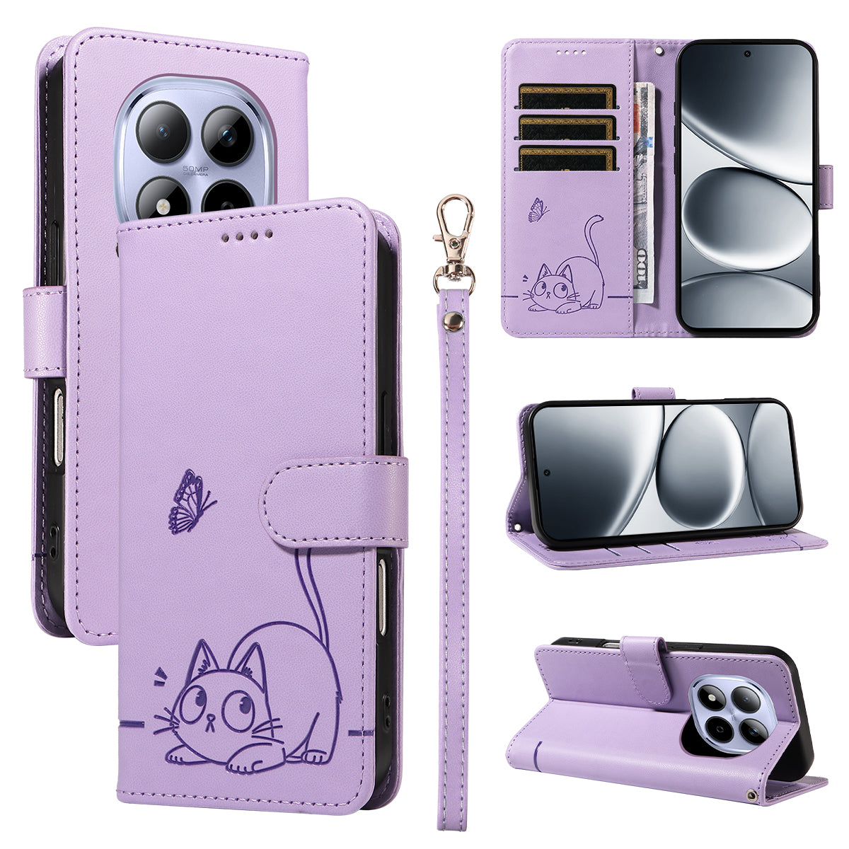 For Xiaomi Redmi Note 15 Pro 5G (Global) Case Cat Pattern Imprint Leather Phone Cover with Wrist Strap - Purple