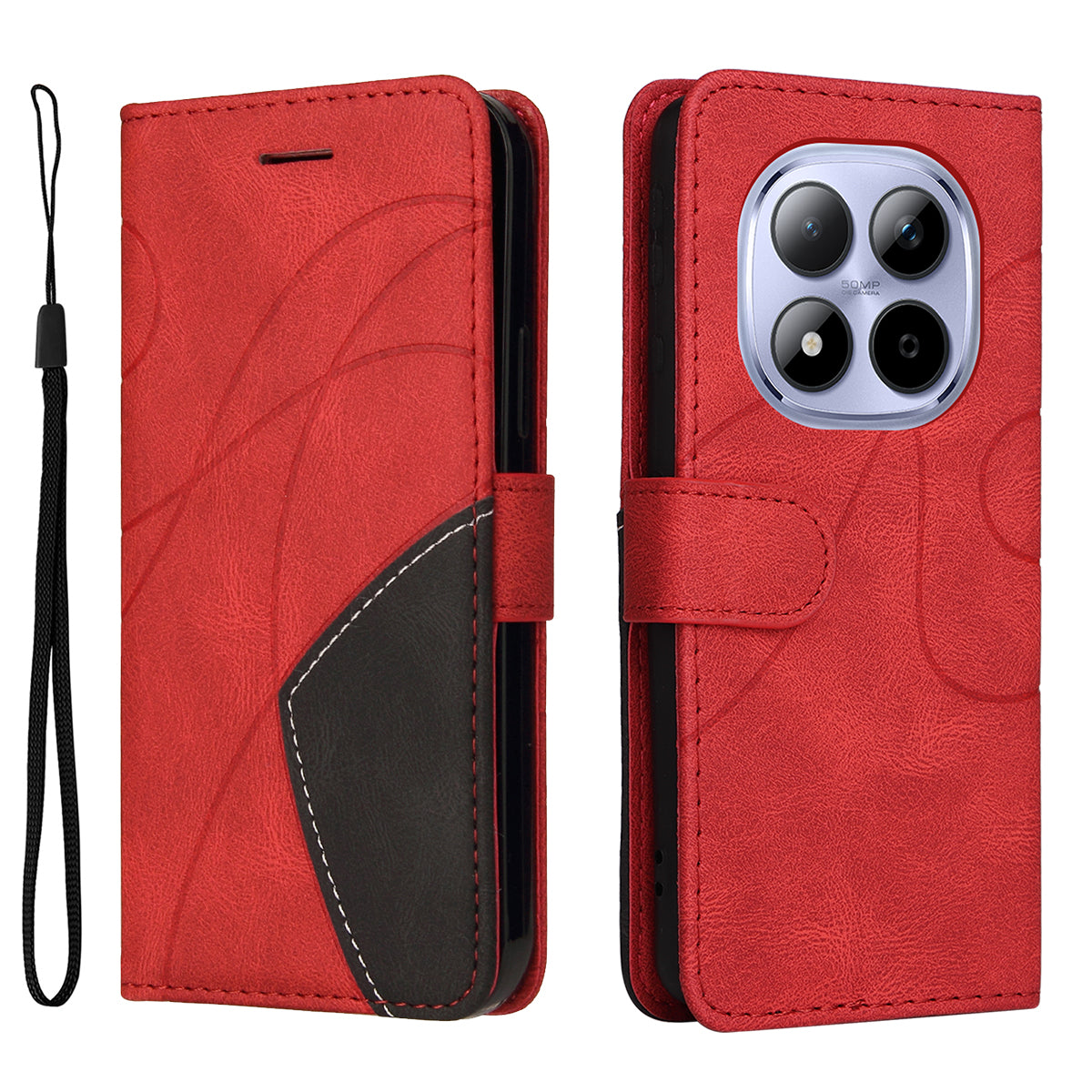 For Xiaomi Redmi Note 15 Pro 5G (Global) Leather Phone Case Stand Wallet with Bi-colour Splicing Design - Red