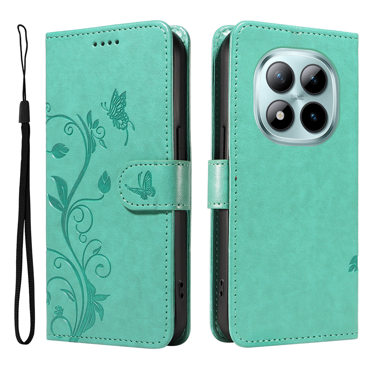 For Xiaomi Poco M8 Pro 5G / Redmi Note 15 Pro+ 5G (Global) PU Leather Cases Flower Pattern Wallet Stand Phone Cover with Strap - Green