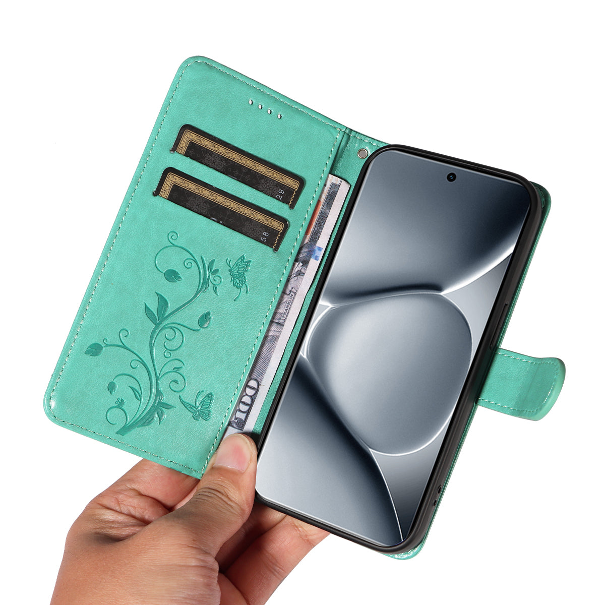 For Xiaomi Poco M8 Pro 5G / Redmi Note 15 Pro+ 5G (Global) PU Leather Cases Flower Pattern Wallet Stand Phone Cover with Strap - Green
