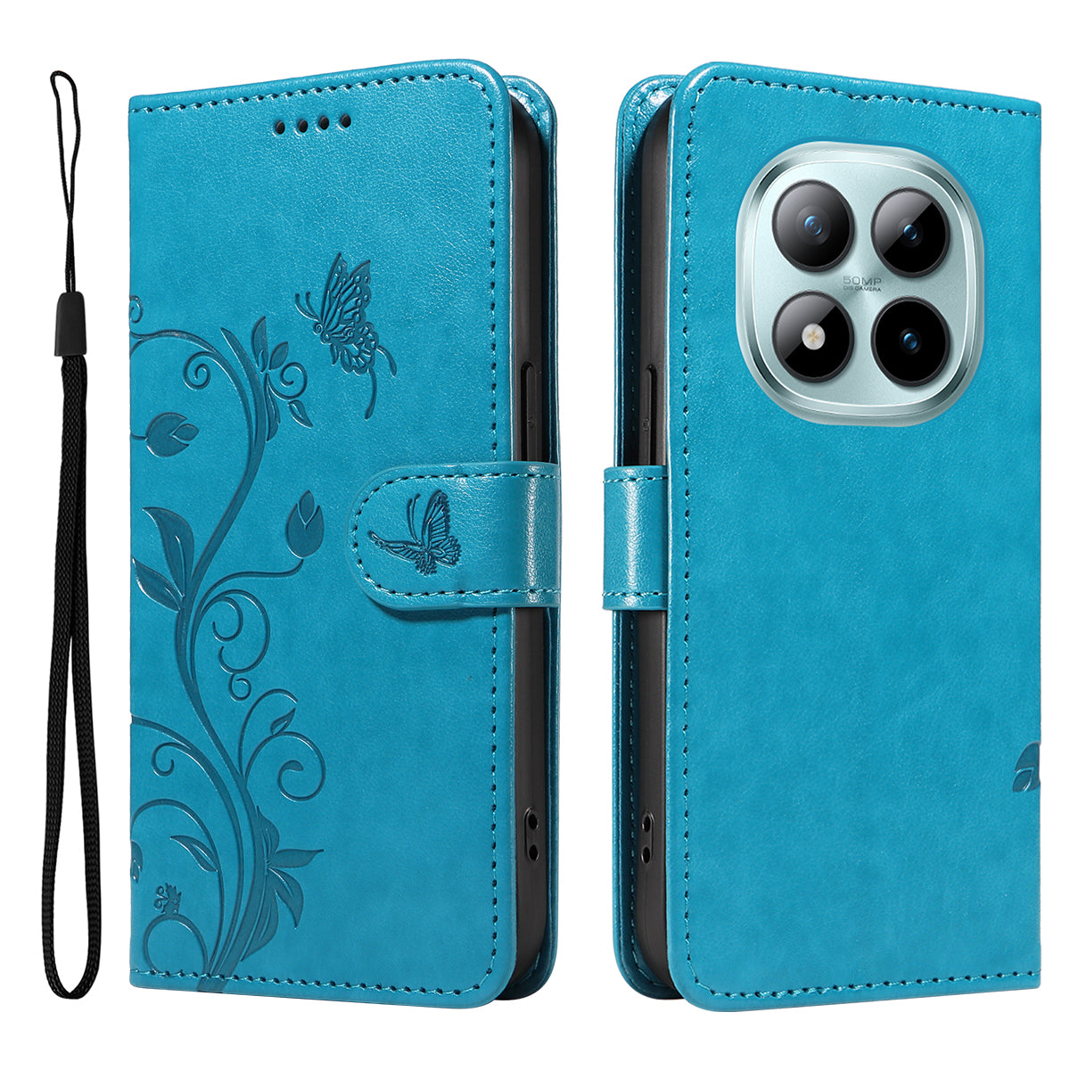 For Xiaomi Poco M8 Pro 5G / Redmi Note 15 Pro+ 5G (Global) PU Leather Cases Flower Pattern Wallet Stand Phone Cover with Strap - Blue