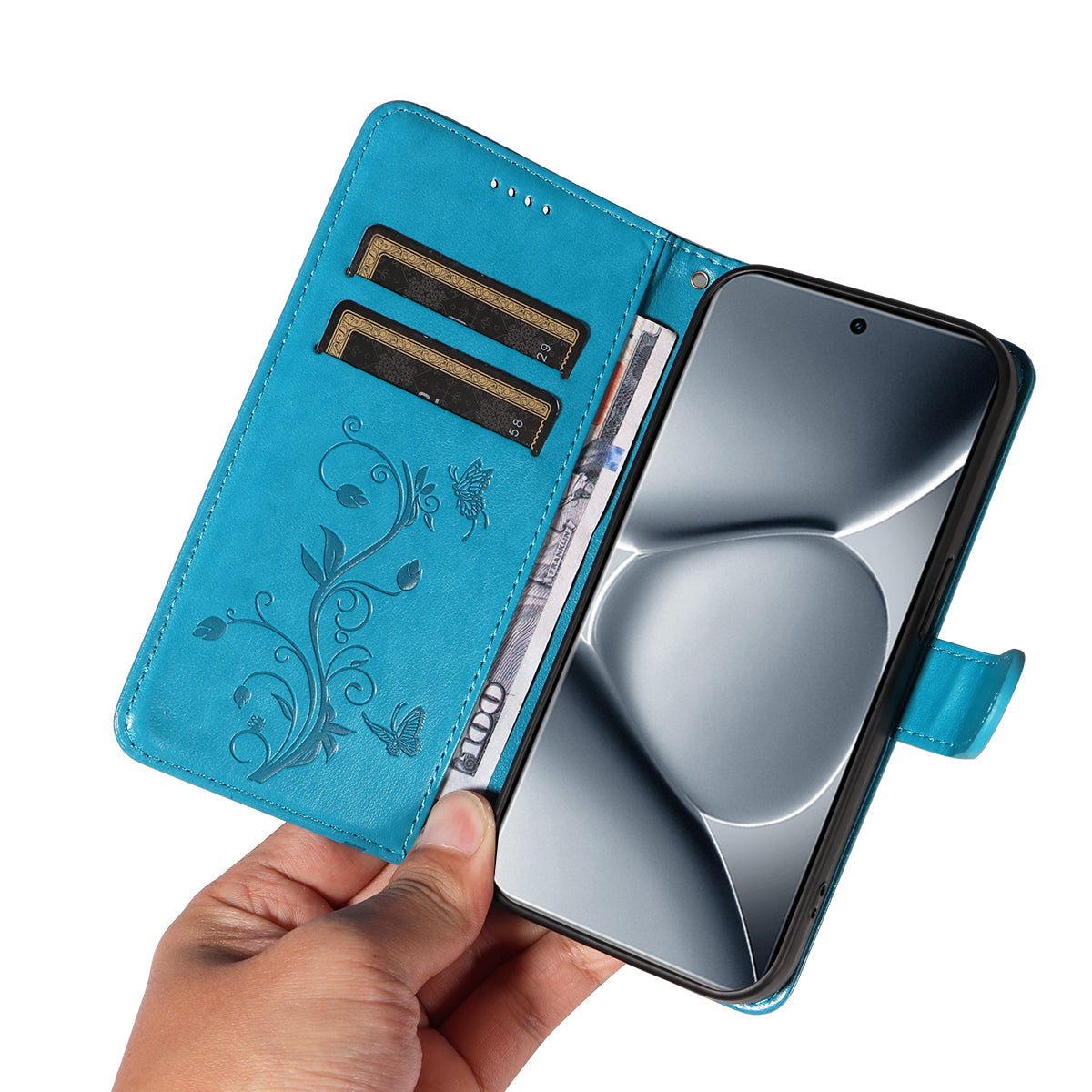 For Xiaomi Poco M8 Pro 5G / Redmi Note 15 Pro+ 5G (Global) PU Leather Cases Flower Pattern Wallet Stand Phone Cover with Strap - Blue