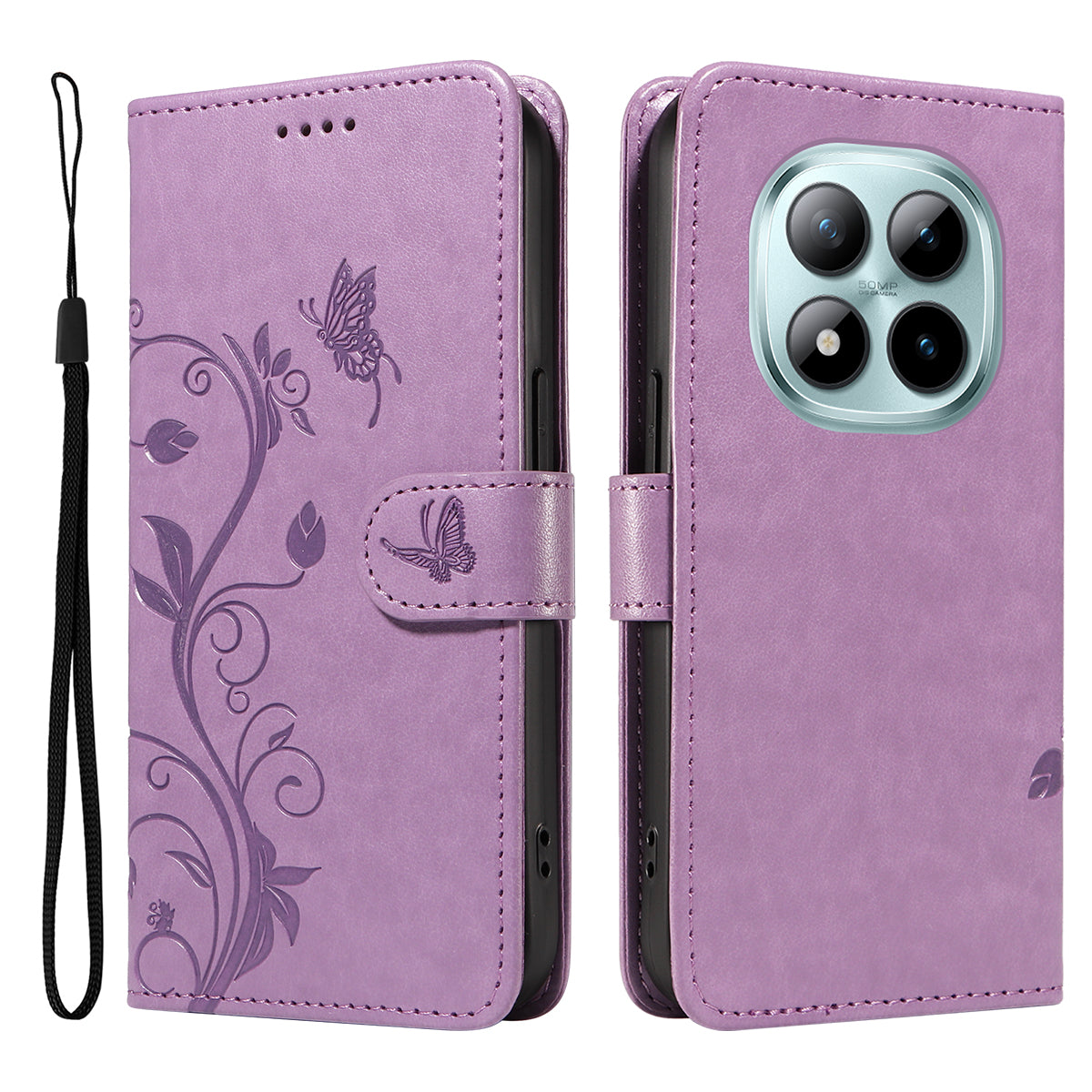 For Xiaomi Poco M8 Pro 5G / Redmi Note 15 Pro+ 5G (Global) PU Leather Cases Flower Pattern Wallet Stand Phone Cover with Strap -  Light Purple