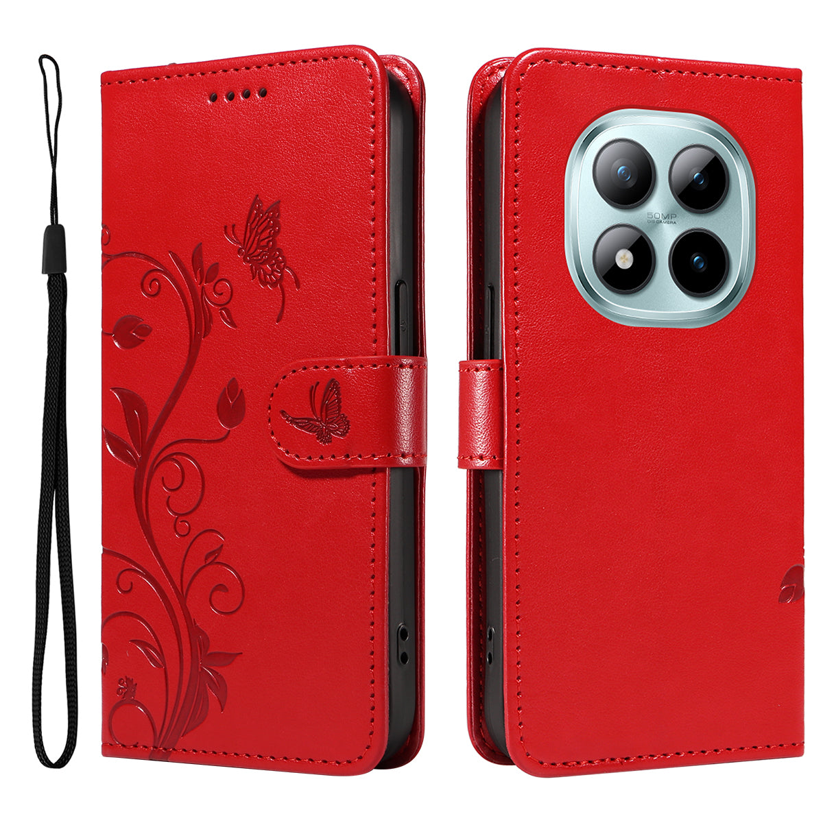 For Xiaomi Poco M8 Pro 5G / Redmi Note 15 Pro+ 5G (Global) PU Leather Cases Flower Pattern Wallet Stand Phone Cover with Strap - Red