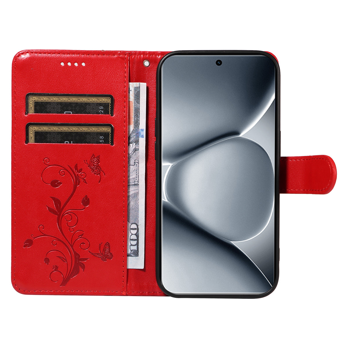 For Xiaomi Poco M8 Pro 5G / Redmi Note 15 Pro+ 5G (Global) PU Leather Cases Flower Pattern Wallet Stand Phone Cover with Strap - Red