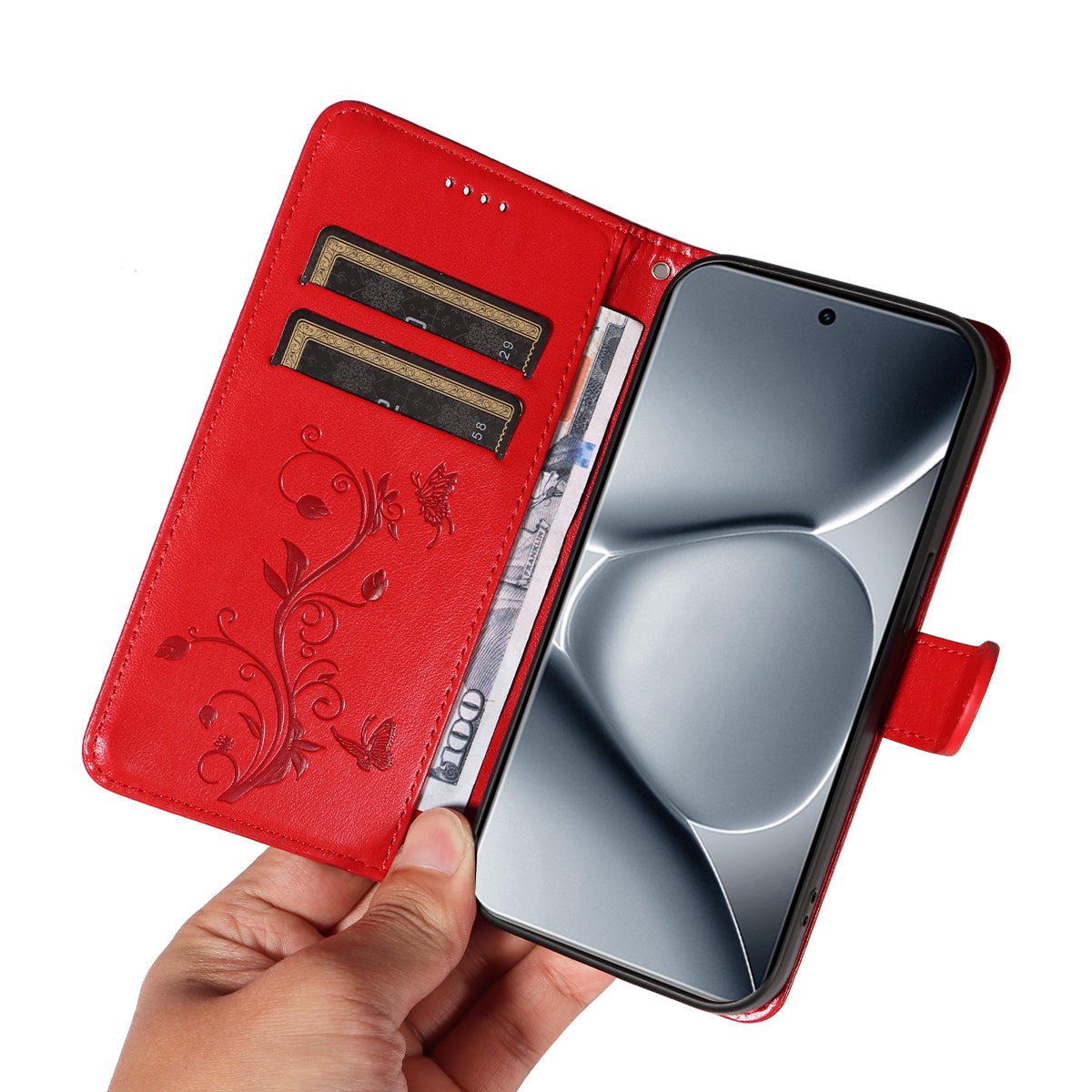 For Xiaomi Poco M8 Pro 5G / Redmi Note 15 Pro+ 5G (Global) PU Leather Cases Flower Pattern Wallet Stand Phone Cover with Strap - Red