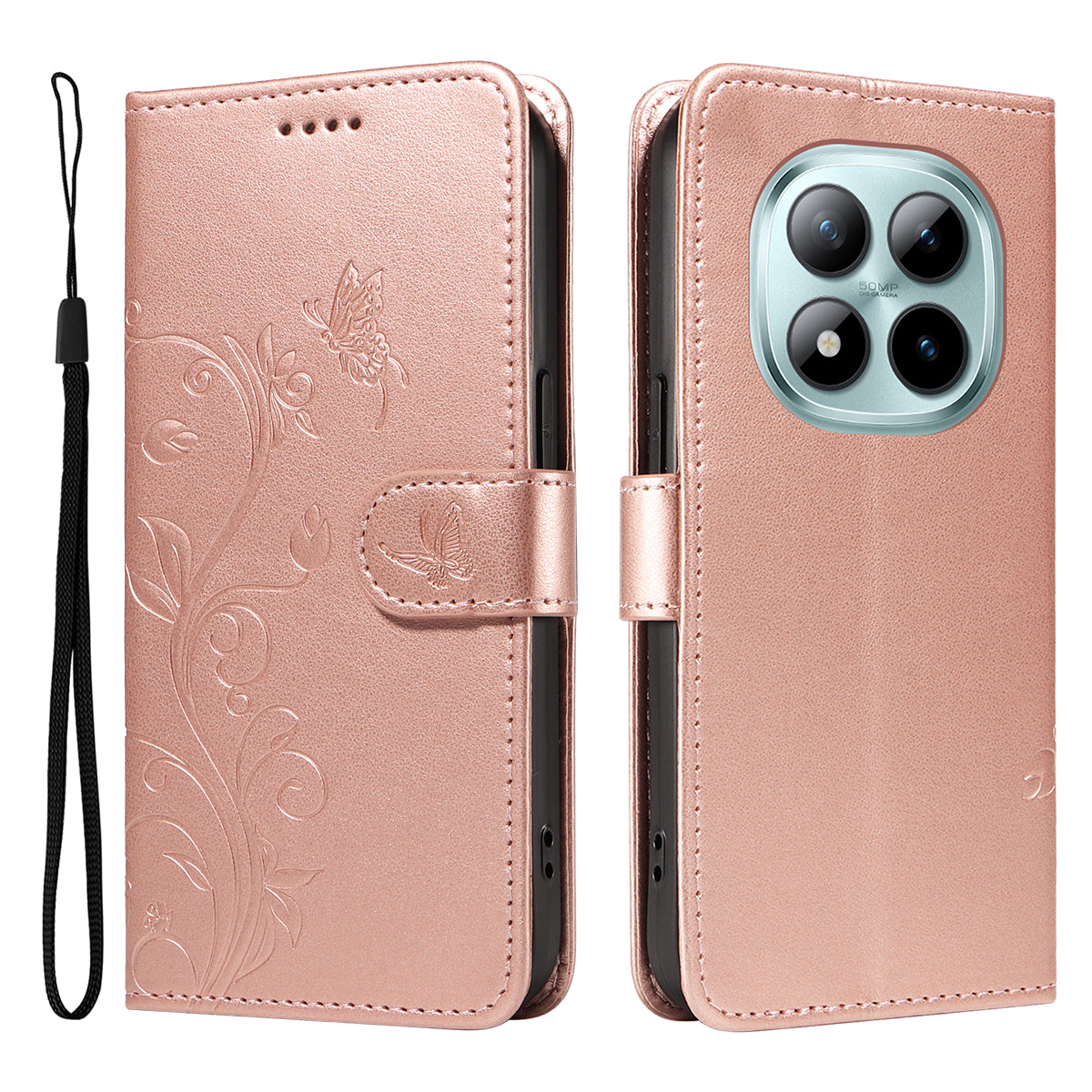 For Xiaomi Poco M8 Pro 5G / Redmi Note 15 Pro+ 5G (Global) PU Leather Cases Flower Pattern Wallet Stand Phone Cover with Strap - Rose Gold