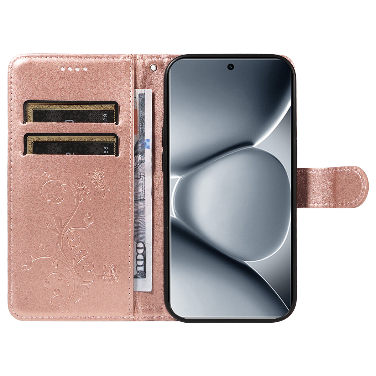 For Xiaomi Poco M8 Pro 5G / Redmi Note 15 Pro+ 5G (Global) PU Leather Cases Flower Pattern Wallet Stand Phone Cover with Strap - Rose Gold