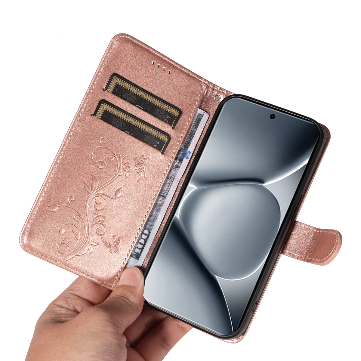For Xiaomi Poco M8 Pro 5G / Redmi Note 15 Pro+ 5G (Global) PU Leather Cases Flower Pattern Wallet Stand Phone Cover with Strap - Rose Gold