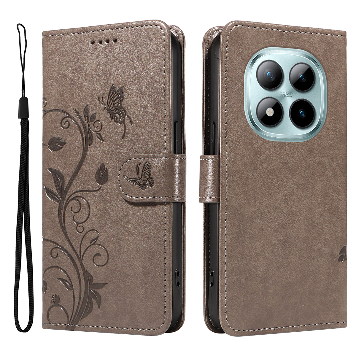 For Xiaomi Poco M8 Pro 5G / Redmi Note 15 Pro+ 5G (Global) PU Leather Cases Flower Pattern Wallet Stand Phone Cover with Strap - Grey