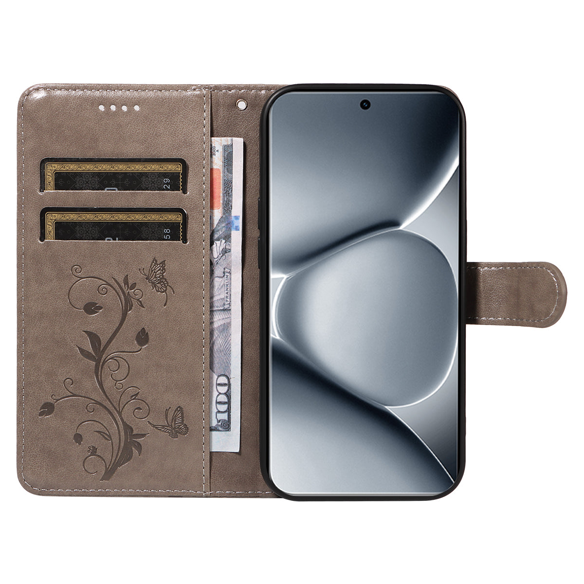 For Xiaomi Poco M8 Pro 5G / Redmi Note 15 Pro+ 5G (Global) PU Leather Cases Flower Pattern Wallet Stand Phone Cover with Strap - Grey