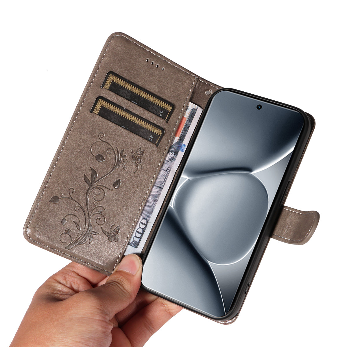 For Xiaomi Poco M8 Pro 5G / Redmi Note 15 Pro+ 5G (Global) PU Leather Cases Flower Pattern Wallet Stand Phone Cover with Strap - Grey