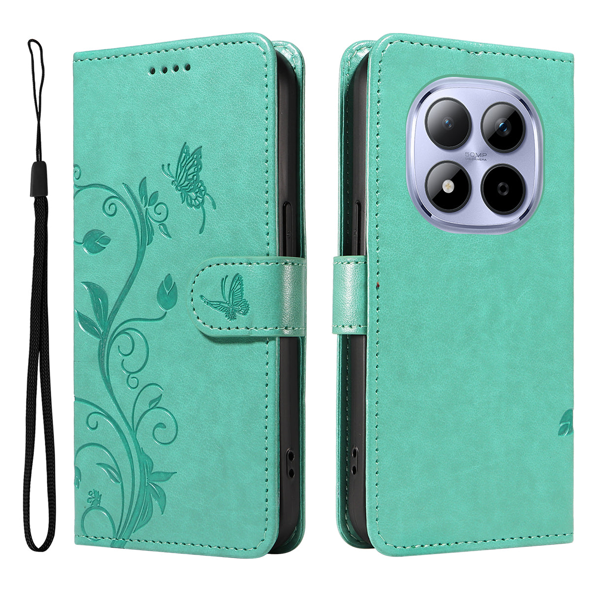 For Xiaomi Redmi Note 15 Pro 5G (Global) PU Leather Cases Flower Pattern Wallet Stand Phone Cover with Strap - Green