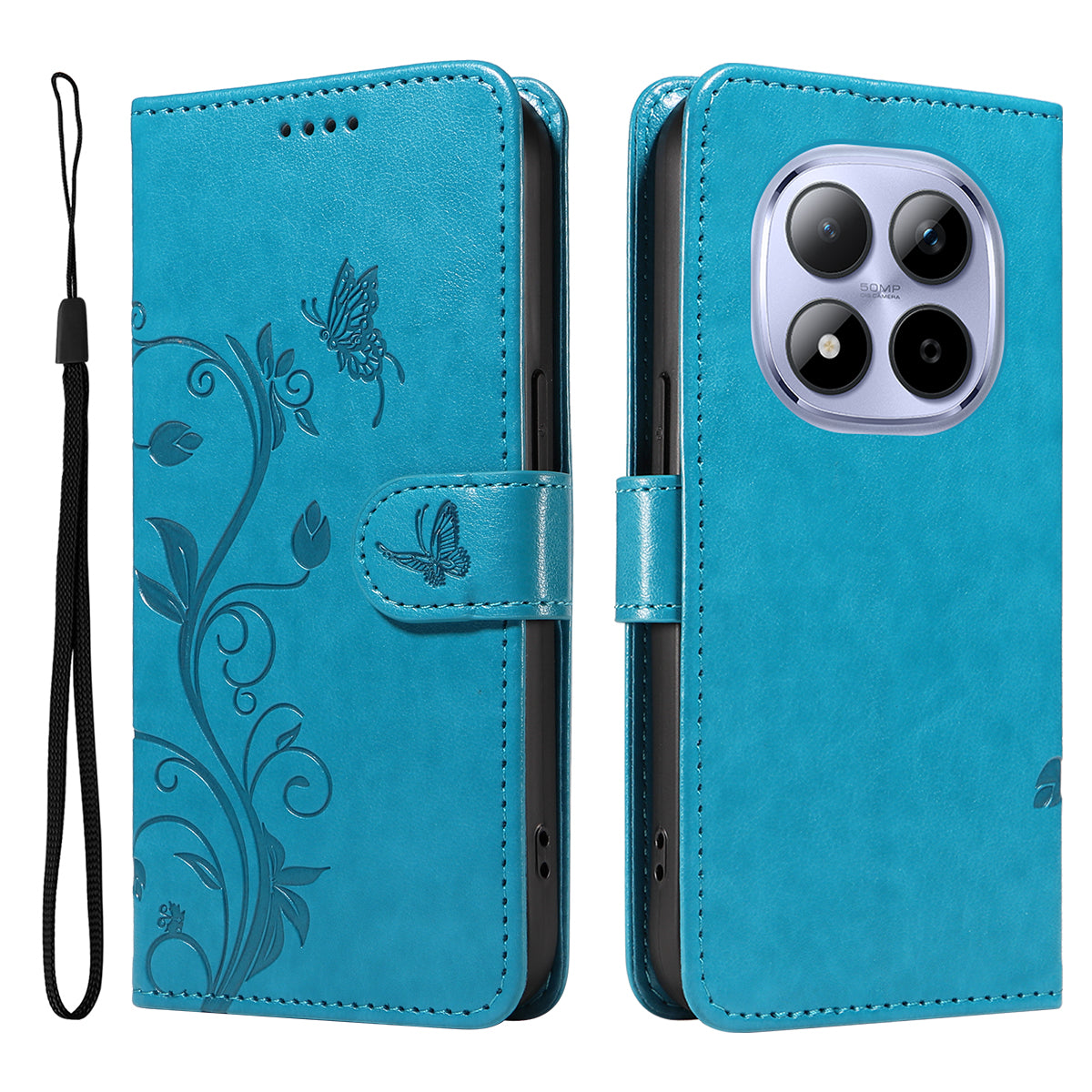 For Xiaomi Redmi Note 15 Pro 5G (Global) PU Leather Cases Flower Pattern Wallet Stand Phone Cover with Strap - Blue
