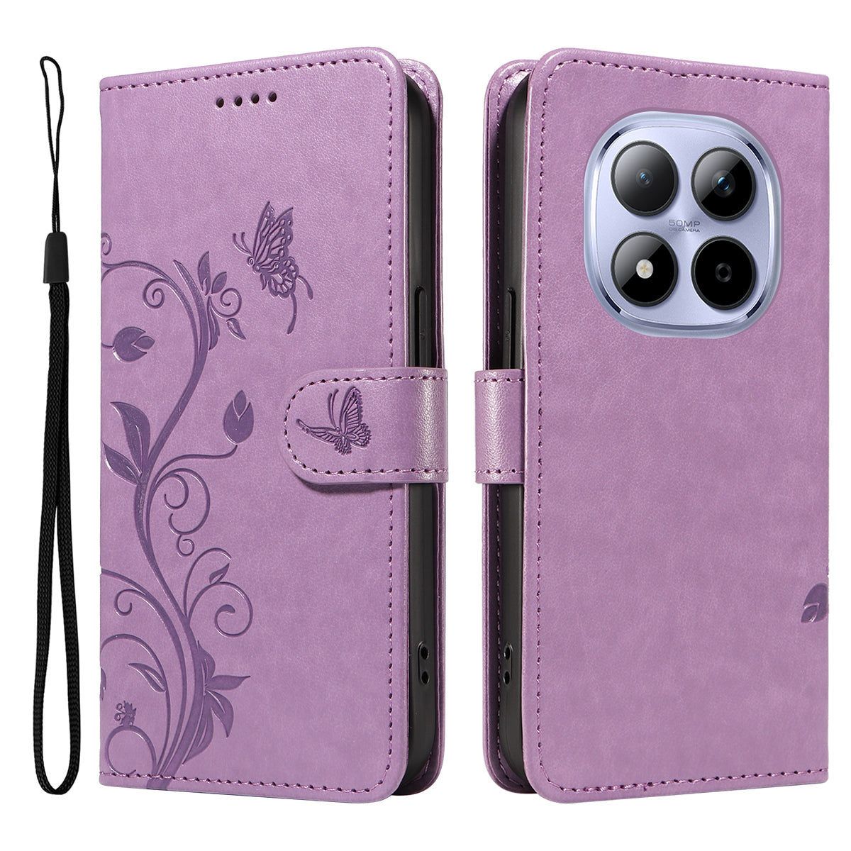 For Xiaomi Redmi Note 15 Pro 5G (Global) PU Leather Cases Flower Pattern Wallet Stand Phone Cover with Strap -  Light Purple
