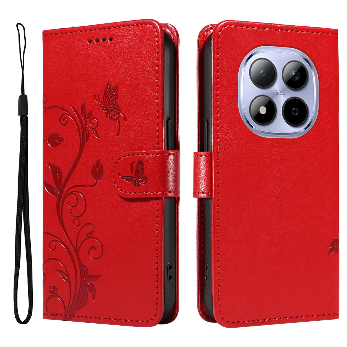 For Xiaomi Redmi Note 15 Pro 5G (Global) PU Leather Cases Flower Pattern Wallet Stand Phone Cover with Strap - Red