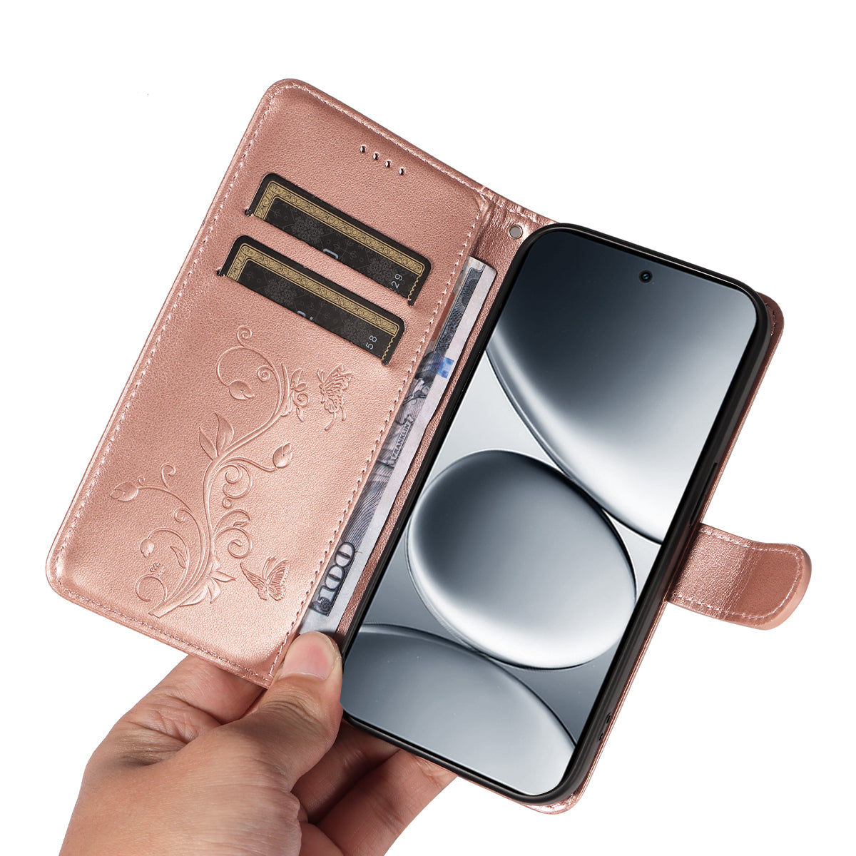 For Xiaomi Redmi Note 15 Pro 5G (Global) PU Leather Cases Flower Pattern Wallet Stand Phone Cover with Strap - Rose Gold