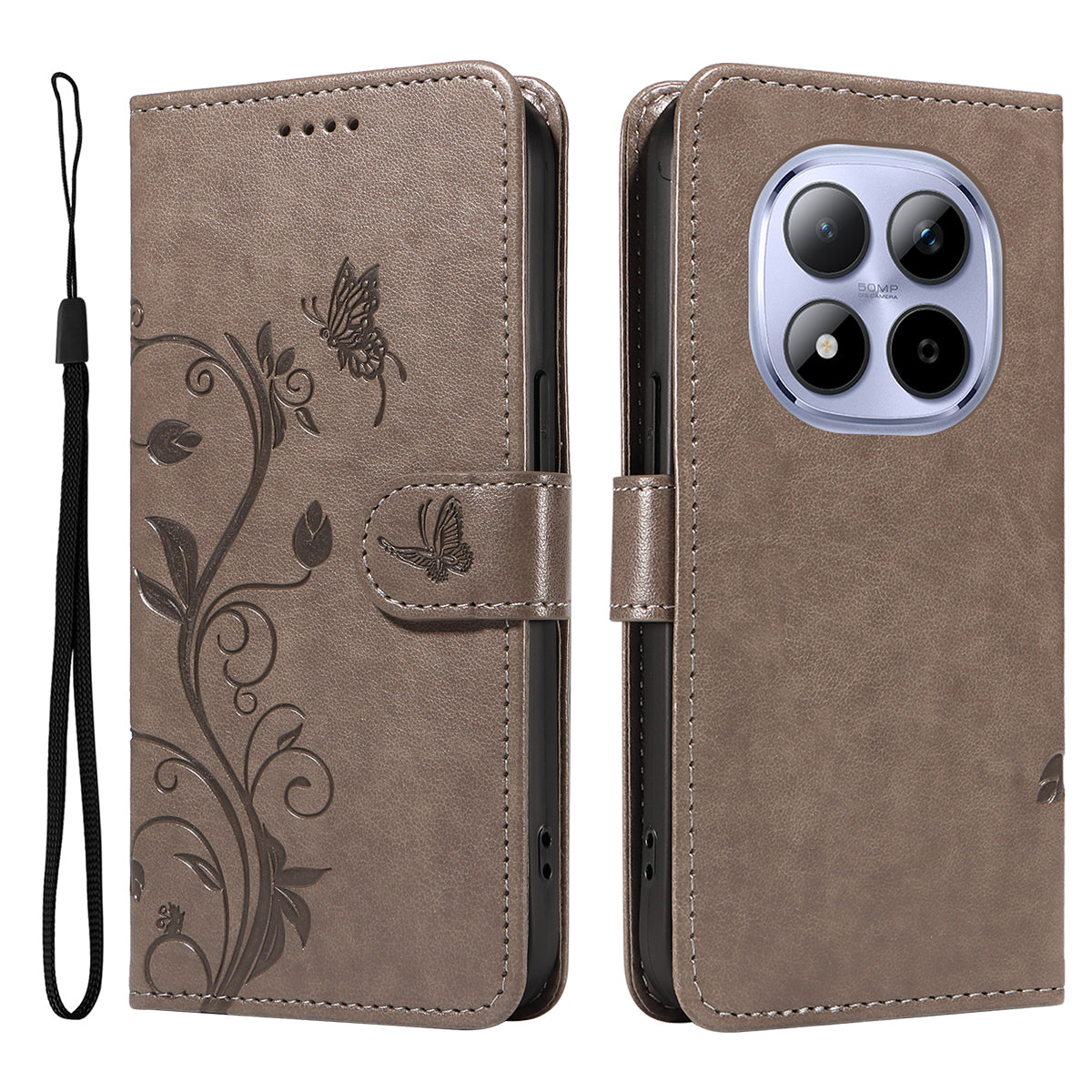 For Xiaomi Redmi Note 15 Pro 5G (Global) PU Leather Cases Flower Pattern Wallet Stand Phone Cover with Strap - Grey