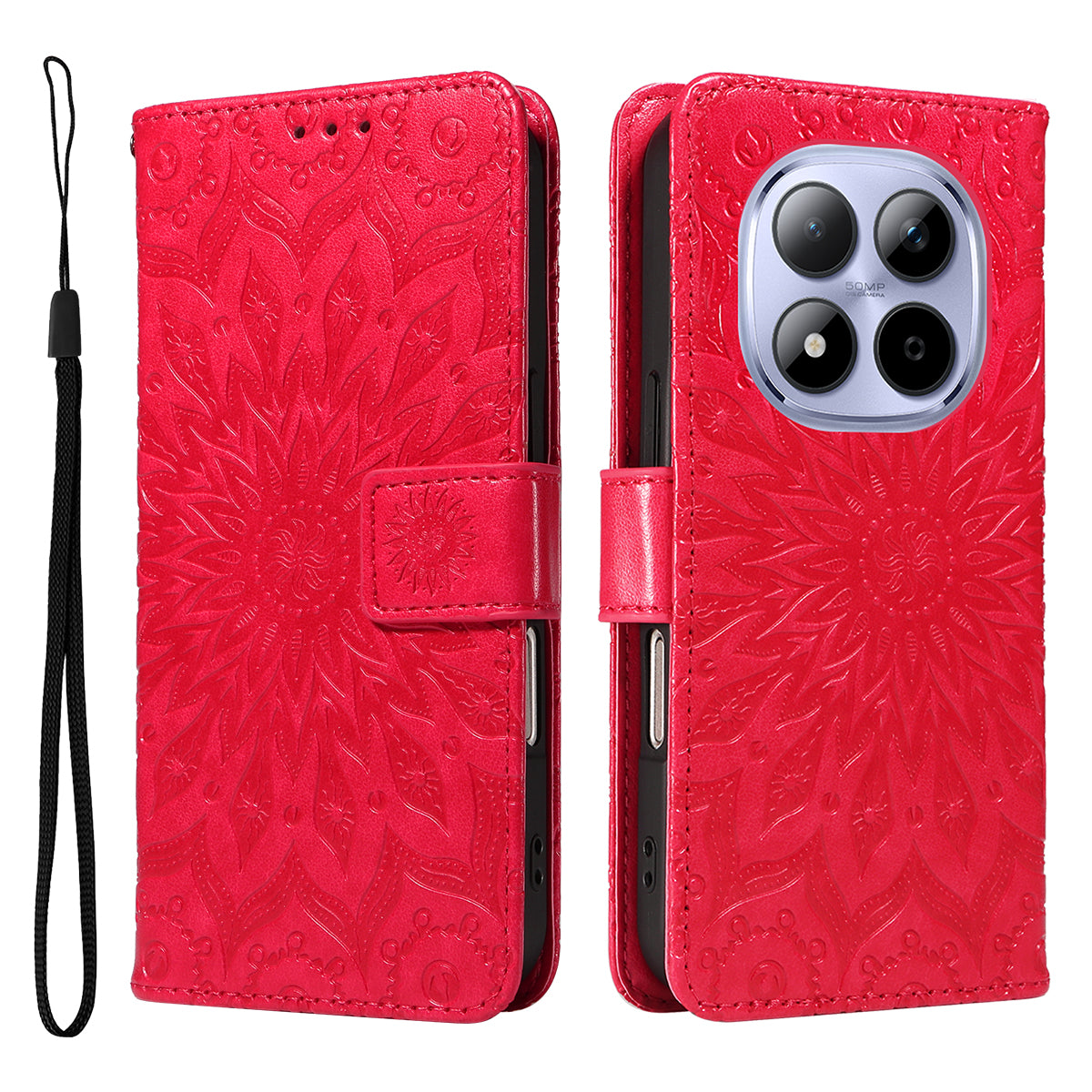 For Xiaomi Redmi Note 15 Pro 5G (Global) Leather Wallet Case Sunflower Imprinted Phone Cover - Red