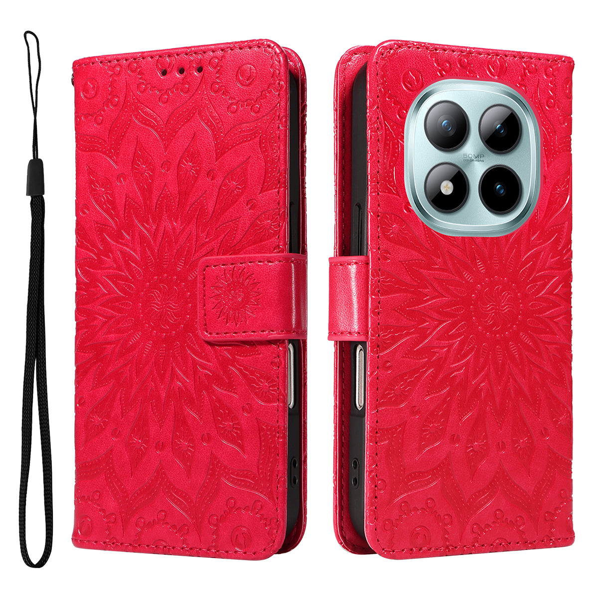 For Xiaomi Poco M8 Pro 5G / Redmi Note 15 Pro+ 5G (Global) Leather Wallet Case Sunflower Imprinted Phone Cover - Red