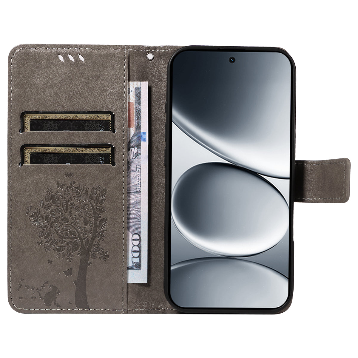 For Xiaomi Redmi Note 15 Pro 5G (Global) Phone Case with Stand Cat Tree Pattern Leather Wallet Mobile Cover - Grey
