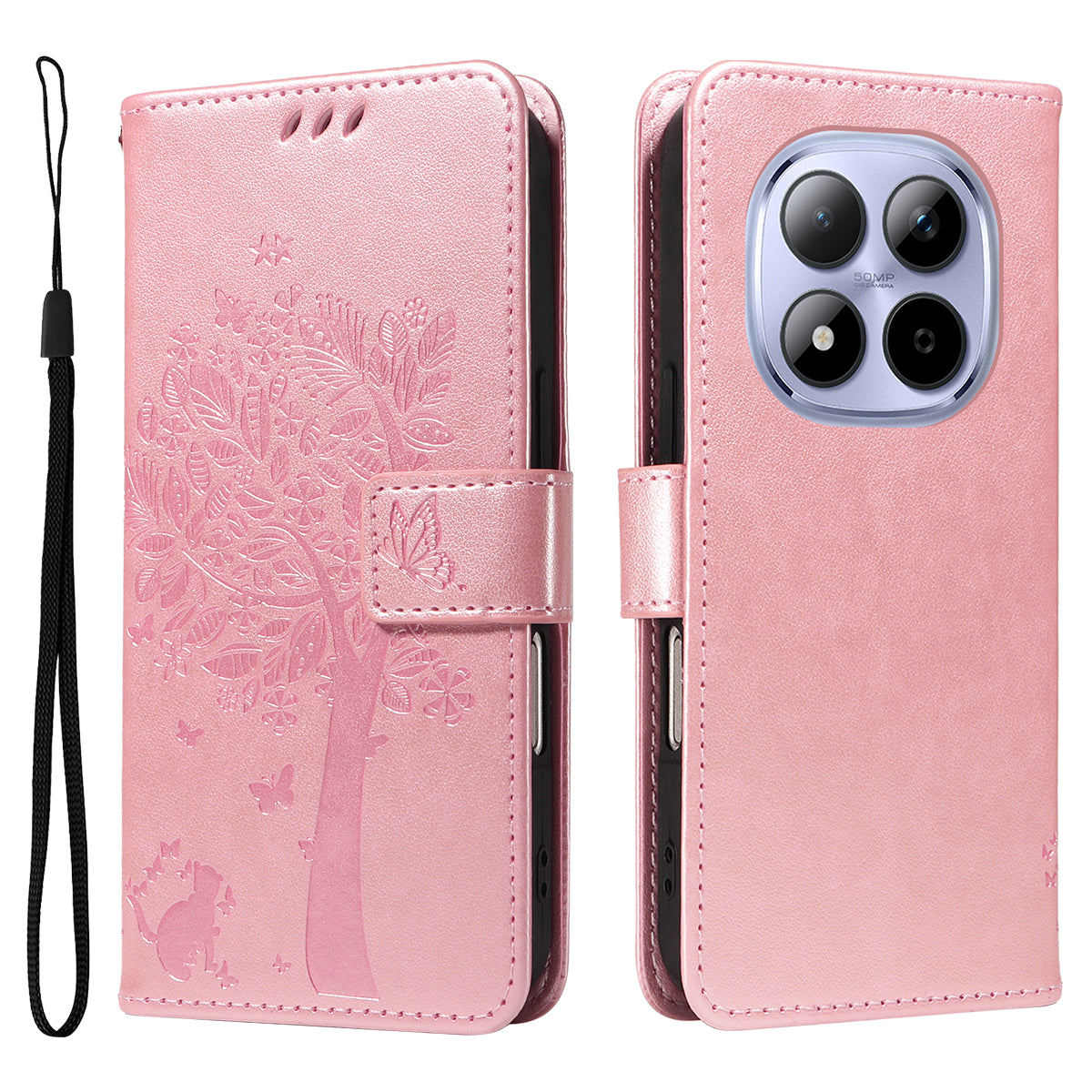 For Xiaomi Redmi Note 15 Pro 5G (Global) Phone Case with Stand Cat Tree Pattern Leather Wallet Mobile Cover - Rose Gold