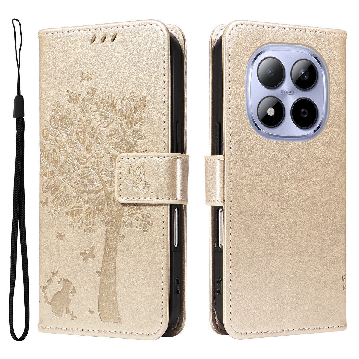 For Xiaomi Redmi Note 15 Pro 5G (Global) Phone Case with Stand Cat Tree Pattern Leather Wallet Mobile Cover - Gold