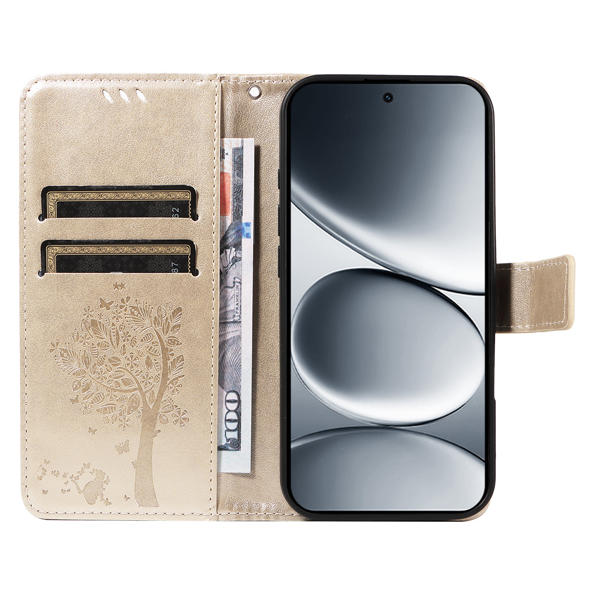 For Xiaomi Redmi Note 15 Pro 5G (Global) Phone Case with Stand Cat Tree Pattern Leather Wallet Mobile Cover - Gold