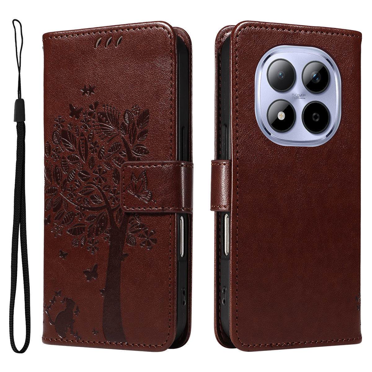 For Xiaomi Redmi Note 15 Pro 5G (Global) Phone Case with Stand Cat Tree Pattern Leather Wallet Mobile Cover - Coffee