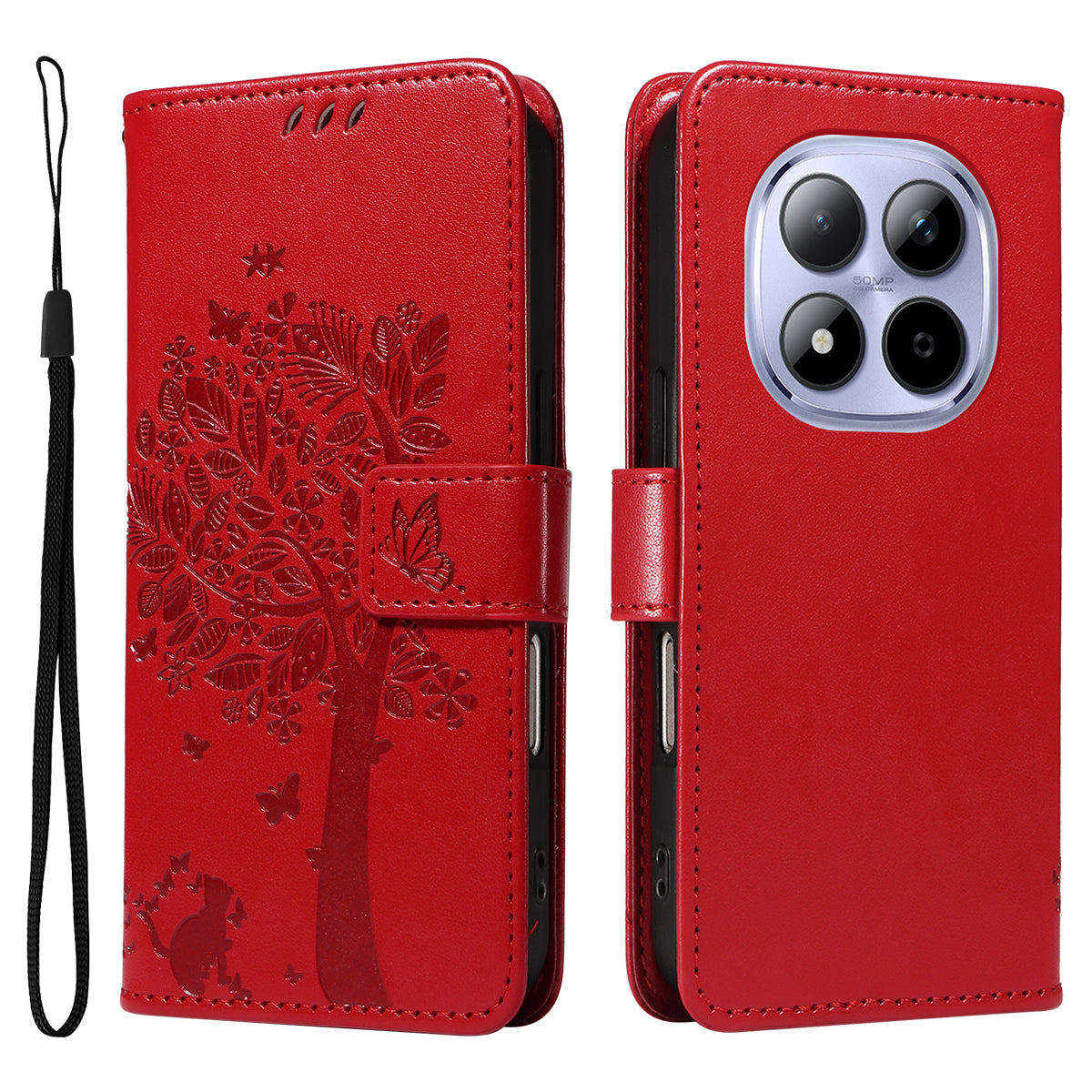 For Xiaomi Redmi Note 15 Pro 5G (Global) Phone Case with Stand Cat Tree Pattern Leather Wallet Mobile Cover - Red
