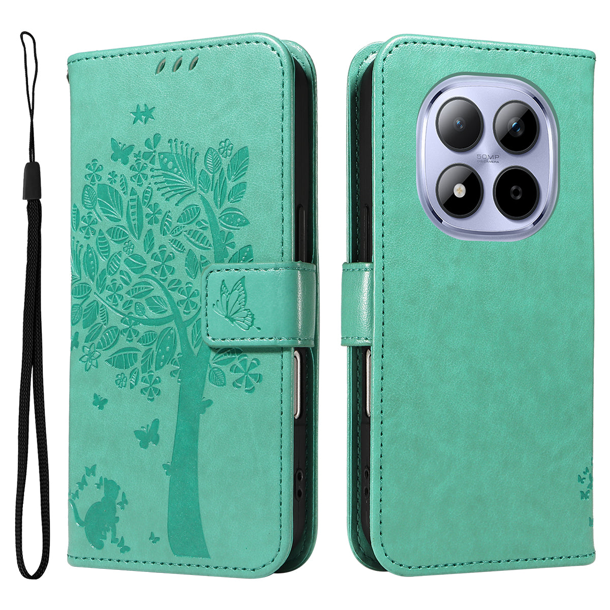 For Xiaomi Redmi Note 15 Pro 5G (Global) Phone Case with Stand Cat Tree Pattern Leather Wallet Mobile Cover - Green