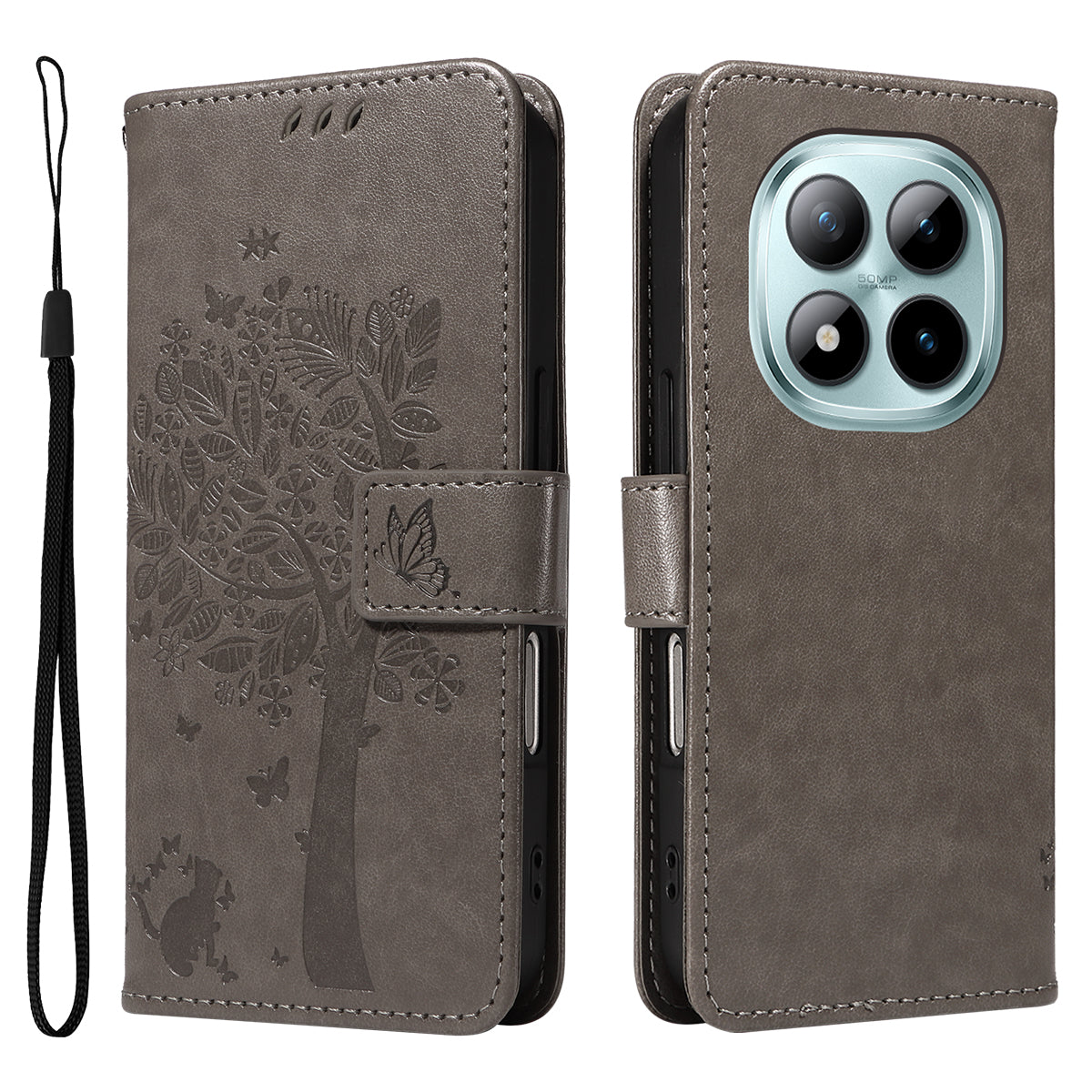 For Xiaomi Poco M8 Pro 5G / Redmi Note 15 Pro+ 5G (Global) Phone Case with Stand Cat Tree Pattern Leather Wallet Mobile Cover - Grey