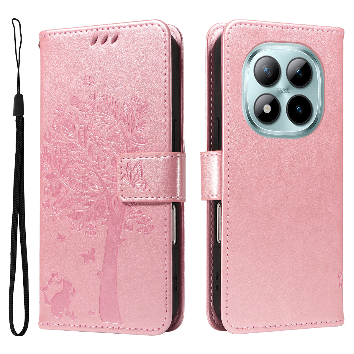 For Xiaomi Poco M8 Pro 5G / Redmi Note 15 Pro+ 5G (Global) Phone Case with Stand Cat Tree Pattern Leather Wallet Mobile Cover - Rose Gold