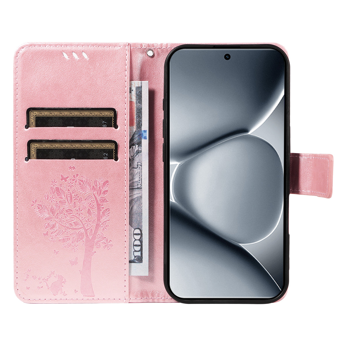 For Xiaomi Poco M8 Pro 5G / Redmi Note 15 Pro+ 5G (Global) Phone Case with Stand Cat Tree Pattern Leather Wallet Mobile Cover - Rose Gold